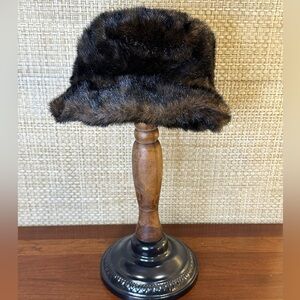 Glossy Brown Faux Mink Fur Bucket Hat M